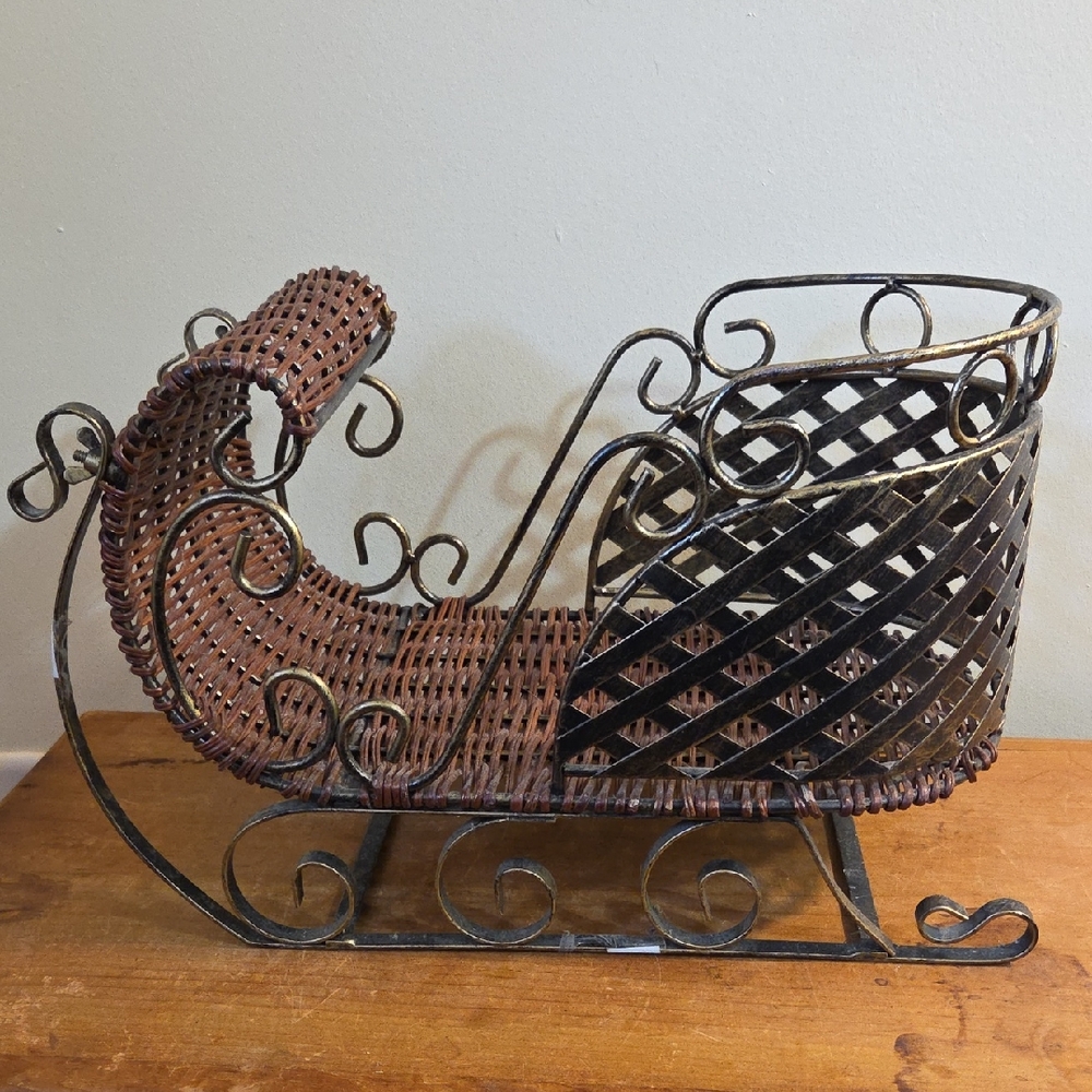 Wicker and Intricate Bronzed Metal Decorative Sleigh Large Size